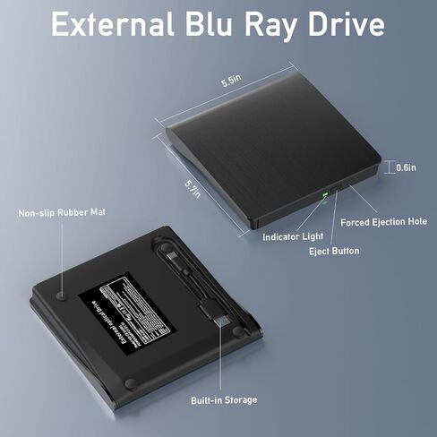 wintale Blu Ray Burner External, USB 3.0 & Type-C External Blu-ray Drives | External Blu Ray Drive for PC True Plug-and-play Experience, CD/DVD/BD Reader/Burner Compatible with Windows Mac OS Linux in Saudi Arabia