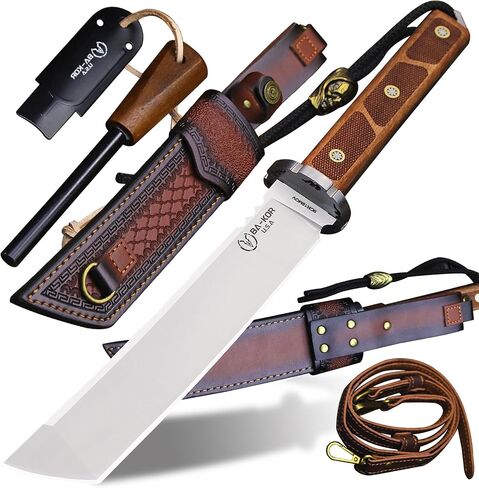 BA-KOR 7mm 9CR18MOV steel (15.6IN) sandalwood handle full Tang fixed knife+scabbard+(single shoulder strap)&(5.9IN) cerium igniter, suitable for outdoor hunting, camping, survival, EDC tool knife in Saudi Arabia