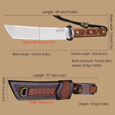 BA-KOR 7mm 9CR18MOV steel (15.6IN) sandalwood handle full Tang fixed knife+scabbard+(single shoulder strap)&(5.9IN) cerium igniter, suitable for outdoor hunting, camping, survival, EDC tool knife in Saudi Arabia