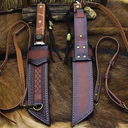 BA-KOR 7mm 9CR18MOV steel (15.6IN) sandalwood handle full Tang fixed knife+scabbard+(single shoulder strap)&(5.9IN) cerium igniter, suitable for outdoor hunting, camping, survival, EDC tool knife in Saudi Arabia