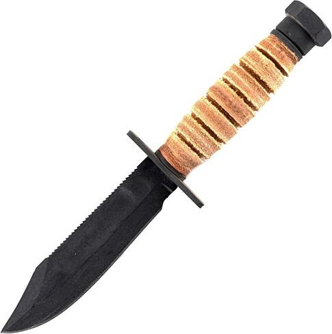 Ontario Knife Company 499 Air Force Survival Knife 5 "شفرة منشار مع حافة علوية زائفة وأخاديد دم، مقبض من الجلد الطبيعي وغمد - 6150 (قد يختلف اللون)، أسود in Kuwait