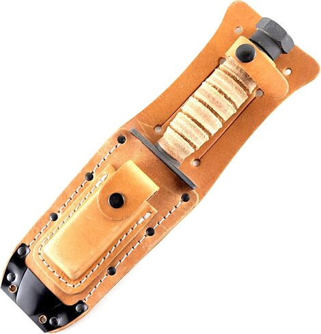 Ontario Knife Company 499 Air Force Survival Knife 5 "شفرة منشار مع حافة علوية زائفة وأخاديد دم، مقبض من الجلد الطبيعي وغمد - 6150 (قد يختلف اللون)، أسود in Kuwait