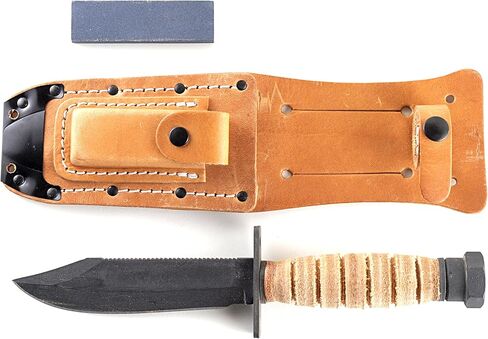 Ontario Knife Company 499 Air Force Survival Knife 5 "شفرة منشار مع حافة علوية زائفة وأخاديد دم، مقبض من الجلد الطبيعي وغمد - 6150 (قد يختلف اللون)، أسود in Kuwait