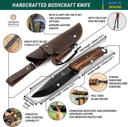 BeaverCraft Bushcraft Knife Full Tang 9.8" - Bush Knife with Fire Starter & Leather Sheath BSH4F - 5" Fixed Blade Carbon Steel - Camping Knives for Hiking, Survival, Outdoor in Kuwait