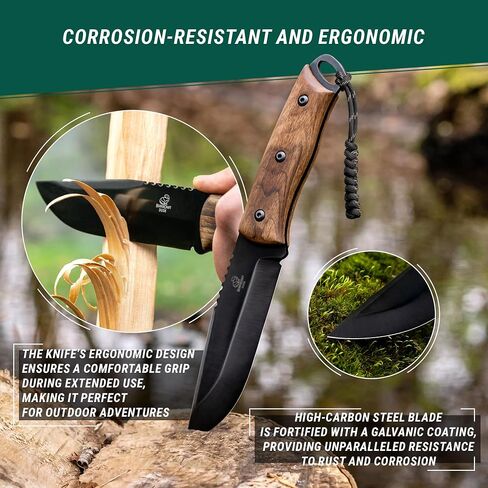 BeaverCraft Bushcraft Knife Full Tang 9.8" - Bush Knife with Fire Starter & Leather Sheath BSH4F - 5" Fixed Blade Carbon Steel - Camping Knives for Hiking, Survival, Outdoor in Kuwait