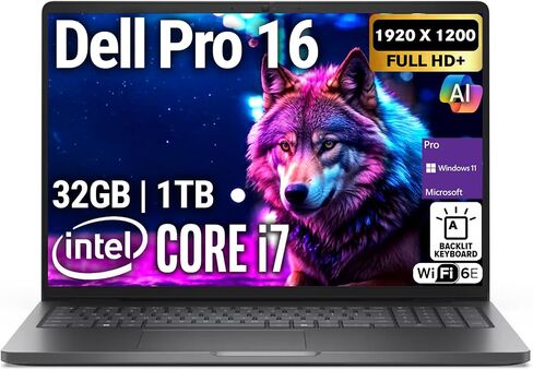Dell Pro 16 (يستبدل Latitude 3550) 16 بوصة WUXGA Display Business Laptop، Intel i7-150U، ذاكرة الوصول العشوائي DDR5 سعة 32 جيجابايت، 1 تيرابايت SSD PCIe، WiFi 6E + BT، RJ-45، لوحة مفاتيح بإضاءة خلفية، كاميرا ويب HD، Windows 11 Pro - أسود in Kuwait