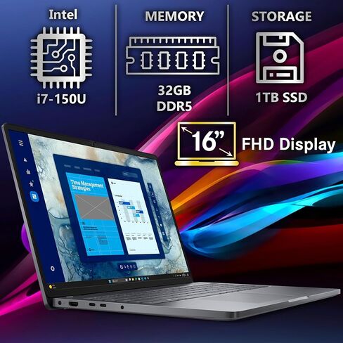 Dell Pro 16 (يستبدل Latitude 3550) 16 بوصة WUXGA Display Business Laptop، Intel i7-150U، ذاكرة الوصول العشوائي DDR5 سعة 32 جيجابايت، 1 تيرابايت SSD PCIe، WiFi 6E + BT، RJ-45، لوحة مفاتيح بإضاءة خلفية، كاميرا ويب HD، Windows 11 Pro - أسود in Kuwait
