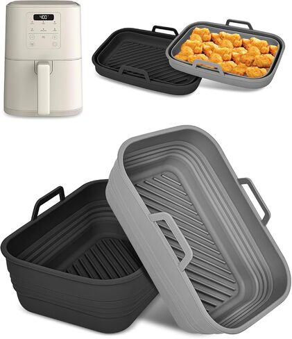 Collapsible Air Fryer Silicone Liners 2-Pack for Bella 4Qt Slim Air Fryer | (3.3lb Capacity), Reusable Airfryer Silicone Pot Rectangle,Nonstick Baking Basket Insert for Air Frier Accessories,Gray+Black in Saudi Arabia
