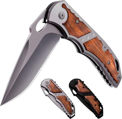 Pocket Knife for Men - 5Cr15MoV Sharp Folding Blade with Wood Handle - Best Durable Knives for EDC Camping Survival Work Outdoor - Mens Gifts Idea for Dad Husband Boyfriend Stepdad - Silver 97010 in Saudi Arabia