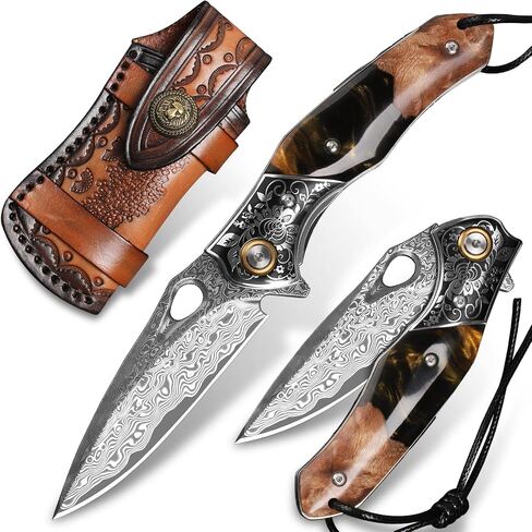 handmade Japan Damascus steel pocket knife，3.1" VG10 blade men and women Folding knife，With holster，Lining lock，resin and Maple handle，Suitable for EDC outdoor camping，go fishing hunting in Kuwait