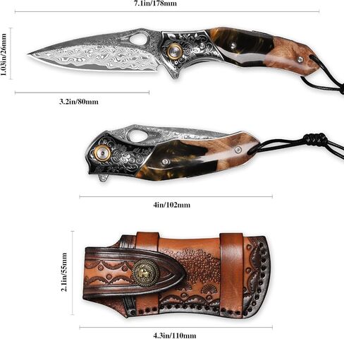 handmade Japan Damascus steel pocket knife，3.1" VG10 blade men and women Folding knife，With holster，Lining lock，resin and Maple handle，Suitable for EDC outdoor camping，go fishing hunting in Kuwait