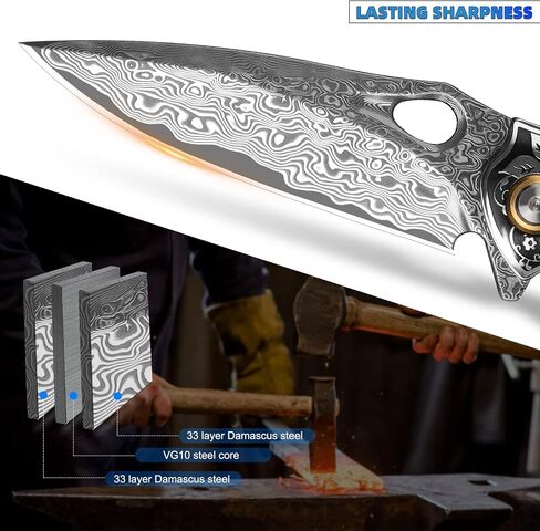 handmade Japan Damascus steel pocket knife，3.1" VG10 blade men and women Folding knife，With holster，Lining lock，resin and Maple handle，Suitable for EDC outdoor camping，go fishing hunting in Kuwait