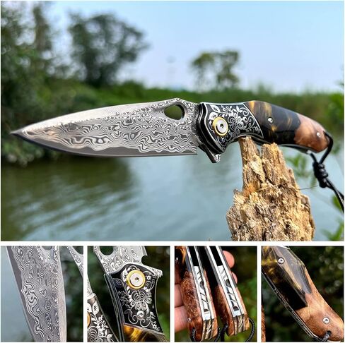 handmade Japan Damascus steel pocket knife，3.1" VG10 blade men and women Folding knife，With holster，Lining lock，resin and Maple handle，Suitable for EDC outdoor camping，go fishing hunting in Kuwait