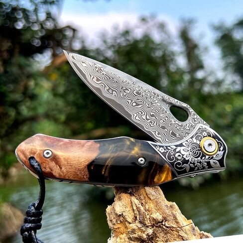 handmade Japan Damascus steel pocket knife，3.1" VG10 blade men and women Folding knife，With holster，Lining lock，resin and Maple handle，Suitable for EDC outdoor camping，go fishing hunting in Kuwait