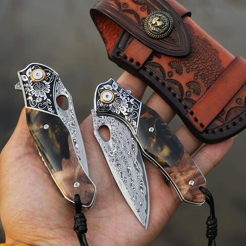 handmade Japan Damascus steel pocket knife，3.1" VG10 blade men and women Folding knife，With holster，Lining lock，resin and Maple handle，Suitable for EDC outdoor camping，go fishing hunting in Kuwait