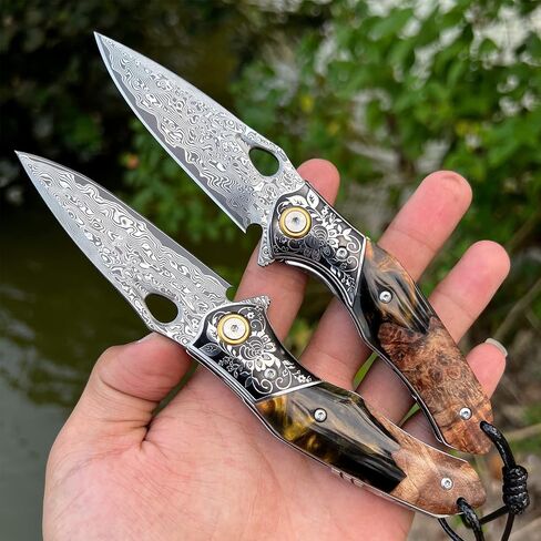 handmade Japan Damascus steel pocket knife，3.1" VG10 blade men and women Folding knife，With holster，Lining lock，resin and Maple handle，Suitable for EDC outdoor camping，go fishing hunting in Kuwait