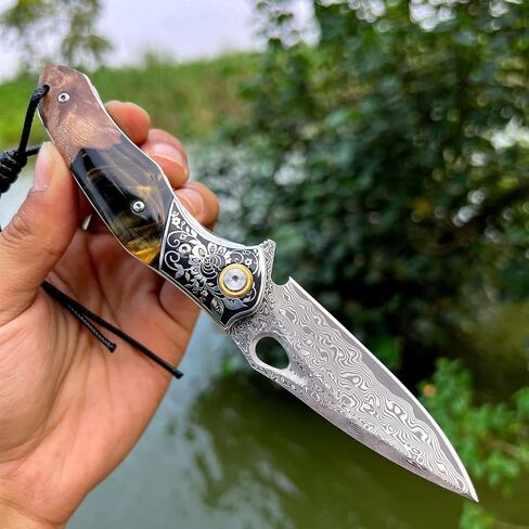 handmade Japan Damascus steel pocket knife，3.1" VG10 blade men and women Folding knife，With holster，Lining lock，resin and Maple handle，Suitable for EDC outdoor camping，go fishing hunting in Kuwait