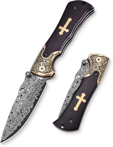 Naitesen 3.5" Damascus Folding Knife, Razor Sharp Pocket Knife | Quick One-Hand Open with Clip, Wood Handle with Golden Cross for Camping Hiking Hunting, Unique EDC Gift for Men in Saudi Arabia