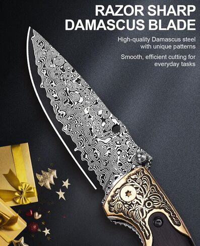 Naitesen 3.5" Damascus Folding Knife, Razor Sharp Pocket Knife | Quick One-Hand Open with Clip, Wood Handle with Golden Cross for Camping Hiking Hunting, Unique EDC Gift for Men in Saudi Arabia