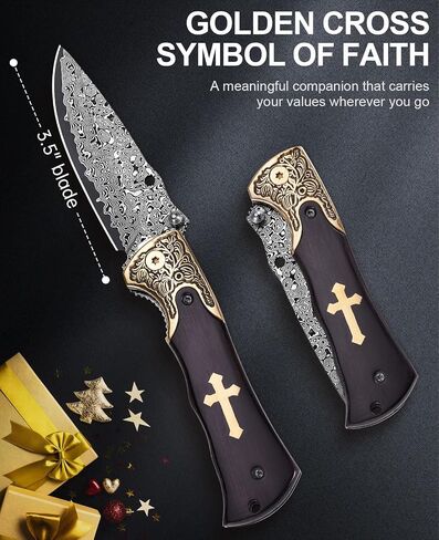 Naitesen 3.5" Damascus Folding Knife, Razor Sharp Pocket Knife | Quick One-Hand Open with Clip, Wood Handle with Golden Cross for Camping Hiking Hunting, Unique EDC Gift for Men in Saudi Arabia