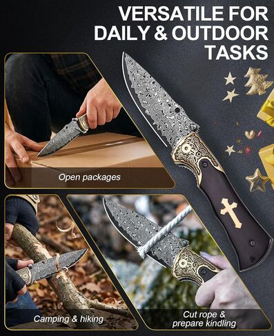 Naitesen 3.5" Damascus Folding Knife, Razor Sharp Pocket Knife | Quick One-Hand Open with Clip, Wood Handle with Golden Cross for Camping Hiking Hunting, Unique EDC Gift for Men in Saudi Arabia