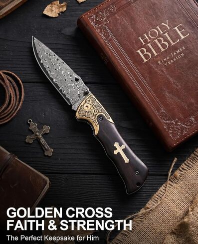 Naitesen 3.5" Damascus Folding Knife, Razor Sharp Pocket Knife | Quick One-Hand Open with Clip, Wood Handle with Golden Cross for Camping Hiking Hunting, Unique EDC Gift for Men in Saudi Arabia