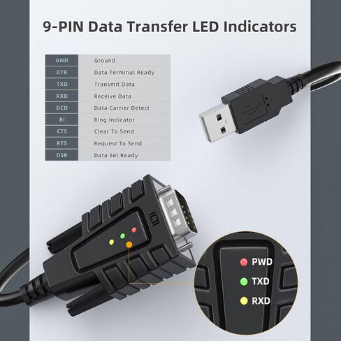 DriverGenius SerialEdgeX USB-A to Serial RS232 Cable (3-LED, 1-Pack) | Full-Pin RS232 Connectivity with Signal Support For Device Setup, Legacy Hardware Applications & Serial Communication Tasks in Kuwait