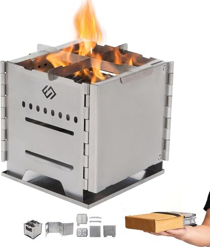 COOK'N'ESCAPE Portable Wood Burning Stove, Foldable Camp Burner | Stainless Steel, Titanium Grill Plate, Ash Tray, Secondary Combustion, For Hiking Outdoor Camping Picnic BBQ in Kuwait