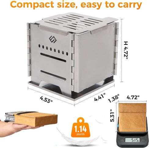 COOK'N'ESCAPE Portable Wood Burning Stove, Foldable Camp Burner | Stainless Steel, Titanium Grill Plate, Ash Tray, Secondary Combustion, For Hiking Outdoor Camping Picnic BBQ in Kuwait