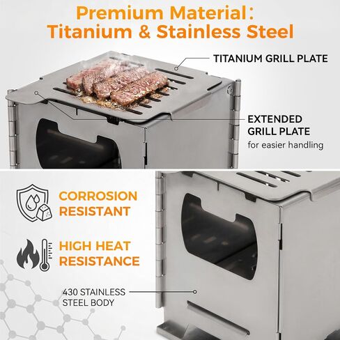 COOK'N'ESCAPE Portable Wood Burning Stove, Foldable Camp Burner | Stainless Steel, Titanium Grill Plate, Ash Tray, Secondary Combustion, For Hiking Outdoor Camping Picnic BBQ in Kuwait