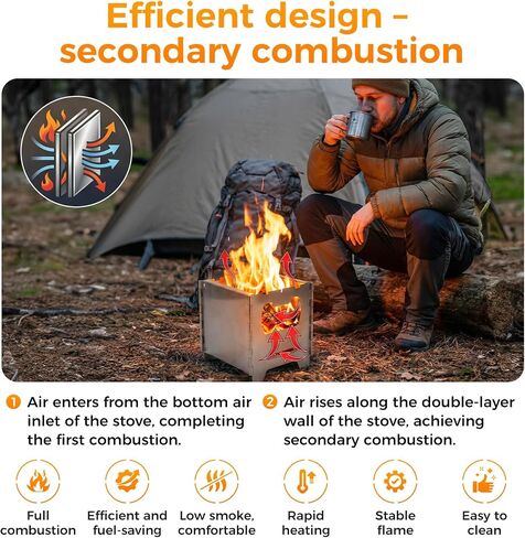 COOK'N'ESCAPE Portable Wood Burning Stove, Foldable Camp Burner | Stainless Steel, Titanium Grill Plate, Ash Tray, Secondary Combustion, For Hiking Outdoor Camping Picnic BBQ in Kuwait