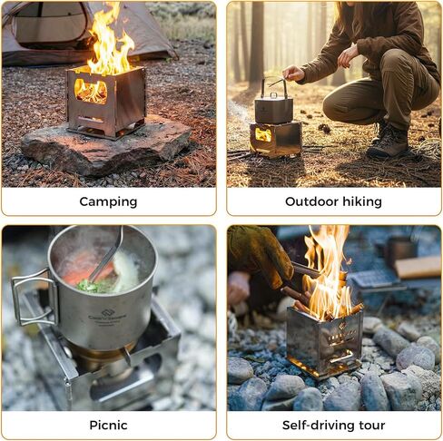 COOK'N'ESCAPE Portable Wood Burning Stove, Foldable Camp Burner | Stainless Steel, Titanium Grill Plate, Ash Tray, Secondary Combustion, For Hiking Outdoor Camping Picnic BBQ in Kuwait