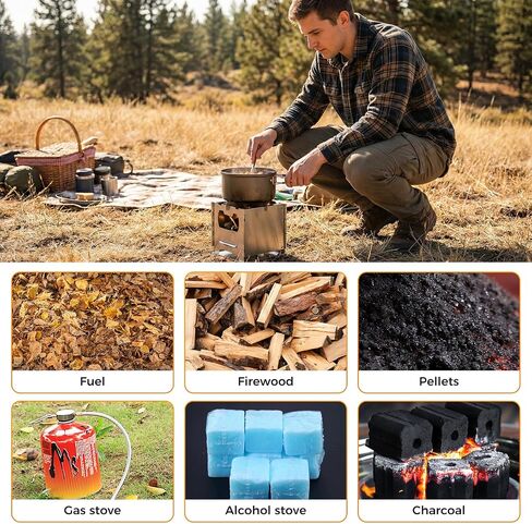 COOK'N'ESCAPE Portable Wood Burning Stove, Foldable Camp Burner | Stainless Steel, Titanium Grill Plate, Ash Tray, Secondary Combustion, For Hiking Outdoor Camping Picnic BBQ in Kuwait