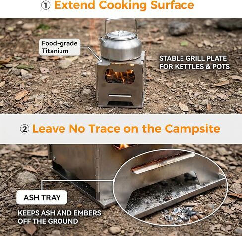 COOK'N'ESCAPE Portable Wood Burning Stove, Foldable Camp Burner | Stainless Steel, Titanium Grill Plate, Ash Tray, Secondary Combustion, For Hiking Outdoor Camping Picnic BBQ in Kuwait