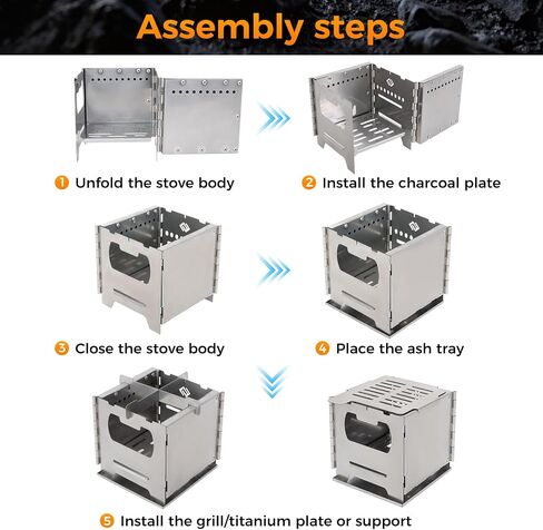 COOK'N'ESCAPE Portable Wood Burning Stove, Foldable Camp Burner | Stainless Steel, Titanium Grill Plate, Ash Tray, Secondary Combustion, For Hiking Outdoor Camping Picnic BBQ in Kuwait