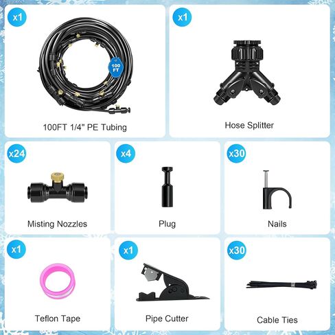 Thiswing 100 FT Dual-Line Misting Cooling System with 24 Brass Nozzles | Outdoor Water Mister Kit, Misting Hose for Patio, Backyard, Garden, Dog Play Area, Farm, Stable, Outdoor Summer Heat Relief in Kuwait