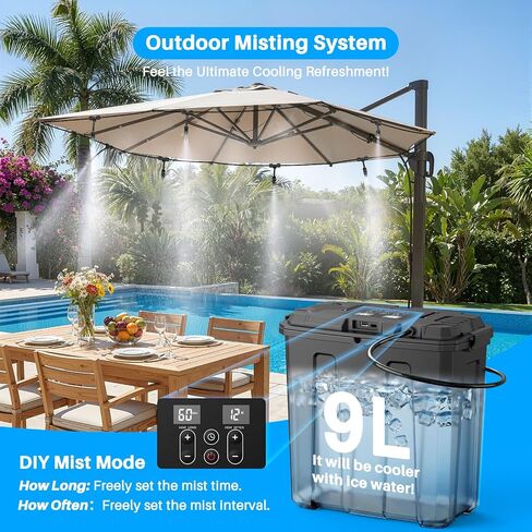 Ausic Portable Misting System, Outdoor Water Misters for Outside Patio Umbrella Cooling with Rechargeable Water Pump (Consecutive 8Hrs), 9L Bucket, 26FT Hose, for Tailgating, Camping, Canopy, Sport in Saudi Arabia