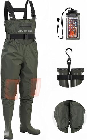 HUNTSEN Fishing Waders for Men Women - 2-Ply Nylon/PVC Waterproof Hunting Chest Waders with Boot Hanger&Phone Case, Size9-13 in Saudi Arabia