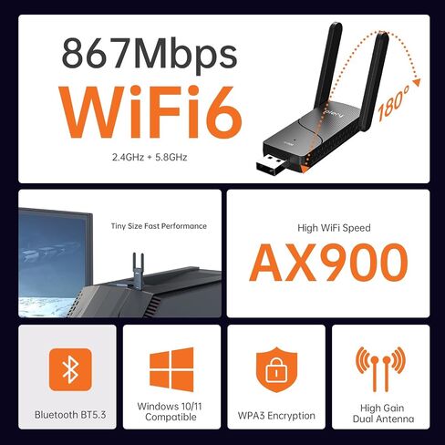 WiFi 6 USB Adapter for Desktop PC, AX900 Dual Band (5GHz/2.4GHz) | WiFi Bluetooth Adapter & Wireless WiFi Dongle for Windows 10/11,High Gain Dual Antennas, WPA3, MU-MIMO in Saudi Arabia
