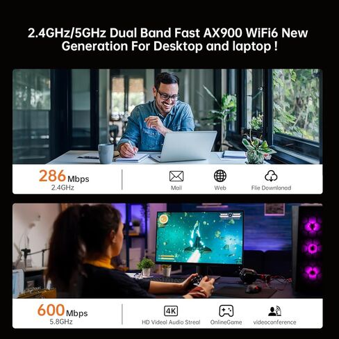 WiFi 6 USB Adapter for Desktop PC, AX900 Dual Band (5GHz/2.4GHz) | WiFi Bluetooth Adapter & Wireless WiFi Dongle for Windows 10/11,High Gain Dual Antennas, WPA3, MU-MIMO in Saudi Arabia