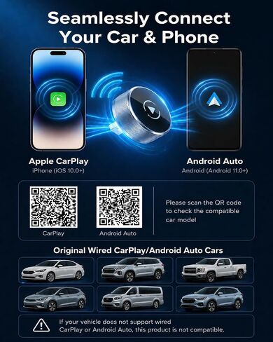 2026 Car Play Wireless Adapter for Apple iPhone＆ Android Auto 2-in-1 | 5S Auto Connect, No Lag & Stable Wire to Wireless, 1.18" Ultra Compact, USB-A/USB-C, iOS 10+ & Android 11+, Aluminum Housing in Saudi Arabia