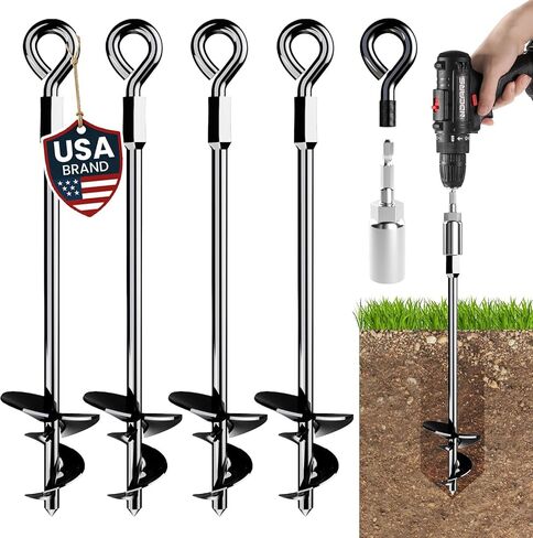 2pcs 15'' Ground Anchors Screw in Tent Stakes - Heavy Duty Earth Anchors | Solid Steel with Sharp Tips & 3" Helix Blades to Drill Deep for Trampoline, Swing Sets, Carports, Gazebos, Green House Tents in Saudi Arabia