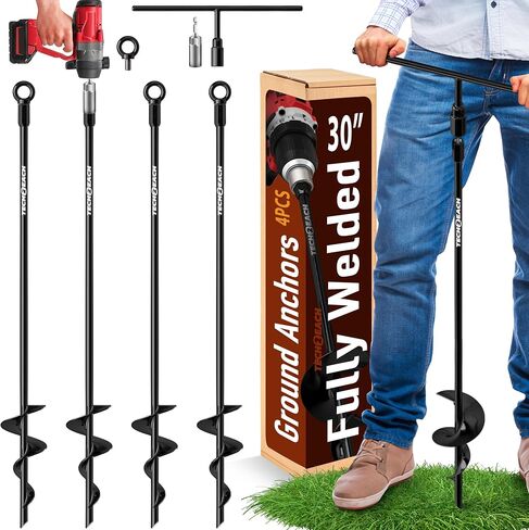 30 inch Ground Anchors Heavy Duty Screw in - Kit of 4 Fully Welded Earth Anchors - Long Spiral Tie Down Stakes for Swing Set Shed Trampoline Canopy Tree Tent - High Wind Anchor - Sand Auger Stake in Saudi Arabia