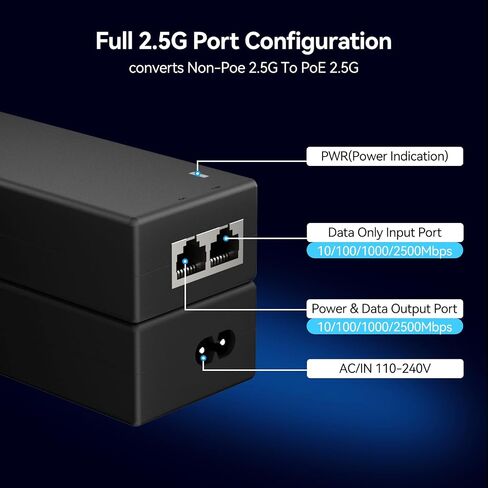 محول طاقة إيثرنت PoE 2.5G + حاقن 30 وات | مسافة تصل إلى 100 متر، لكاميرا IP، التلفزيون، هاتف IP، شبكة جيجابت، IEEE802.3af/at، معدن التوصيل والتشغيل in Kuwait