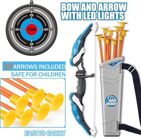 Doloowee Kids Bow and Arrow Set,Archery Toy Set with Light-up LED,10 Suction Cup Arrows,Foam Dart Shooting Toy,Target and Quiver,Indoor & Outdoor Toys Gifts for 3 4 5 6 7 8-12 Years Old Boys Girl in Kuwait