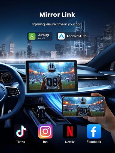شاشة Apple Carplay لاسلكية مقاس 9 بوصات للسيارة، شاشة تشغيل محمولة للسيارة | Android Auto، كاميرا داش 4K، كاميرا احتياطية 1080 بكسل، ملاحة GPS، وصلة مرآة لأجهزة استقبال صوت السيارة، بلوتوث، FM، Siri in Kuwait