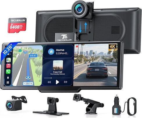 TECXERLLON 10.26" Portable Apple CarPlay Screen for Car, Wireless Car Play & Android Auto, 4K Dash Cam and 1080P Backup Camera, OTA, GPS Navigation, Voice Control, Mirror Link in Saudi Arabia