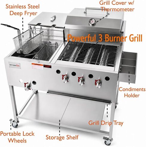 3 Burner Propane Gas Grill + 4 Gallon Deep Fryer Cart-60,000 BTU-Commercial Stainless Steel-Complete Set-Ideal for Outdoor Grilling & Frying-Patio BBQ Station-Home & Commercial in Saudi Arabia