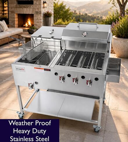 3 Burner Propane Gas Grill + 4 Gallon Deep Fryer Cart-60,000 BTU-Commercial Stainless Steel-Complete Set-Ideal for Outdoor Grilling & Frying-Patio BBQ Station-Home & Commercial in Saudi Arabia