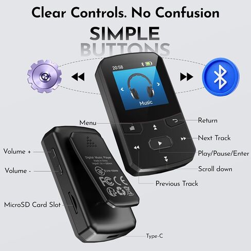 مشغل MP3 RUIZU بسعة 64 جيجابايت مزود بتقنية Bluetooth 5.3 لإعادة الاتصال التلقائي، ويزن 1 أونصة | مشغل موسيقى محمول للجري الرياضي، زر مادي، راديو FM، مسجل صوت، شاشة 1.5 بوصة، يدعم بطاقة microSD سعة 128 جيجابايت in Kuwait